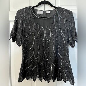 Vintage STENAY Black Beaded Sequin Silk Top Evening Sz Large